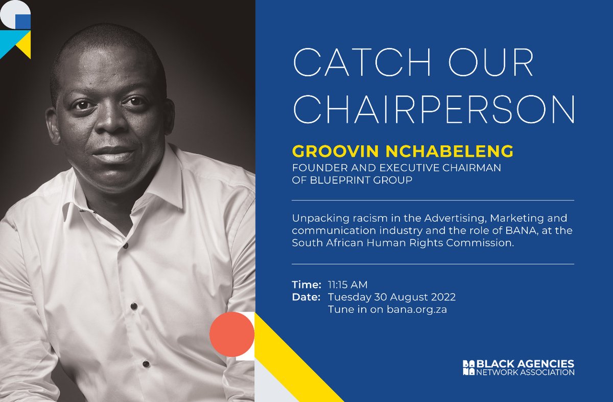 bana_org_za's tweet photo. Catch @groovin_groovin the Founder and Executive Chairman of @bana_org_za unpacking the racism in advertising, marketing and communication industry and the role of BANA, at the South African Human Rights Commission. Tune in by clicking on this link: https://t.co/pOXTXGjUOq https://t.co/4N70rBGfo4