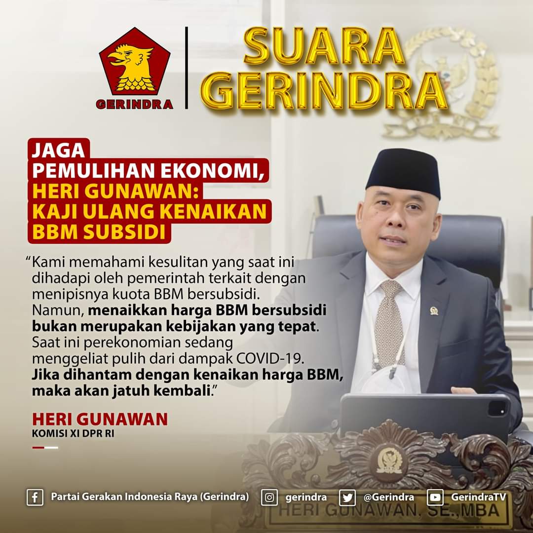 Anggota <a href="/DPR_RI/">DPR RI</a> <a href="/HeriGunawan88/">Heri Gunawan</a> berikan tanggapannya terkait kenaikan harga BBM bersubsidi, dirinya mengatakan agar pemerintah sebaiknya mengkaji ulang rencana kenaikan harga BBM bersubsidi dan mencari solusi lain yang tidak memberatkan rakyat kecil. #SuaraGerindra