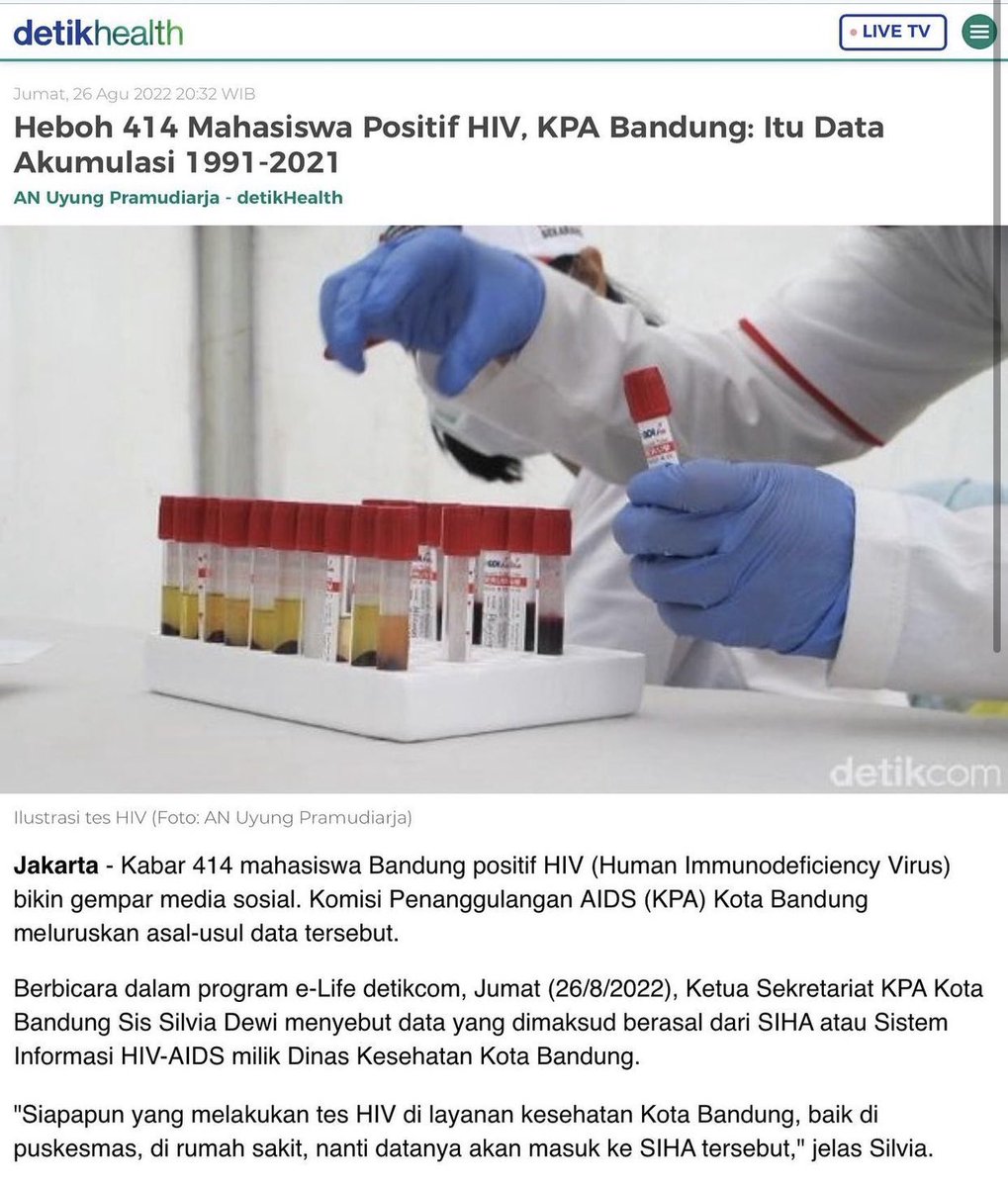 KOREKSI BERITA: 

414 Kasus HIV di kalangan mahasiswa Kota Bandung itu adalah AKUMULASI data selama 30 tahun: 1991-2021. Bukan data dalam 1 tahun.

Beragam program dan agenda untuk mendeteksi dan menangani masalah ini sudah dilaksanakan secara progresif oleh Pemprov Jabar.