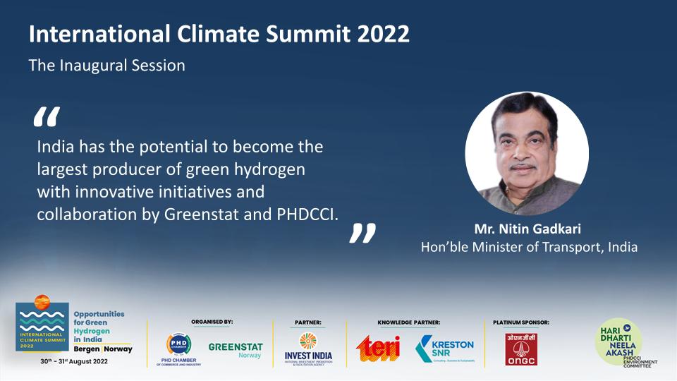 Mr. <a href="/nitin_gadkari/">Nitin Gadkari</a>, Hon’ble Minister of Transport, India is speaking in the Inaugural Session at the International Climate Summit 2022

#GreenPlanet #ClimateChange #SaveOurPlanet #NoPlanetTwo #India #Norway #Summit