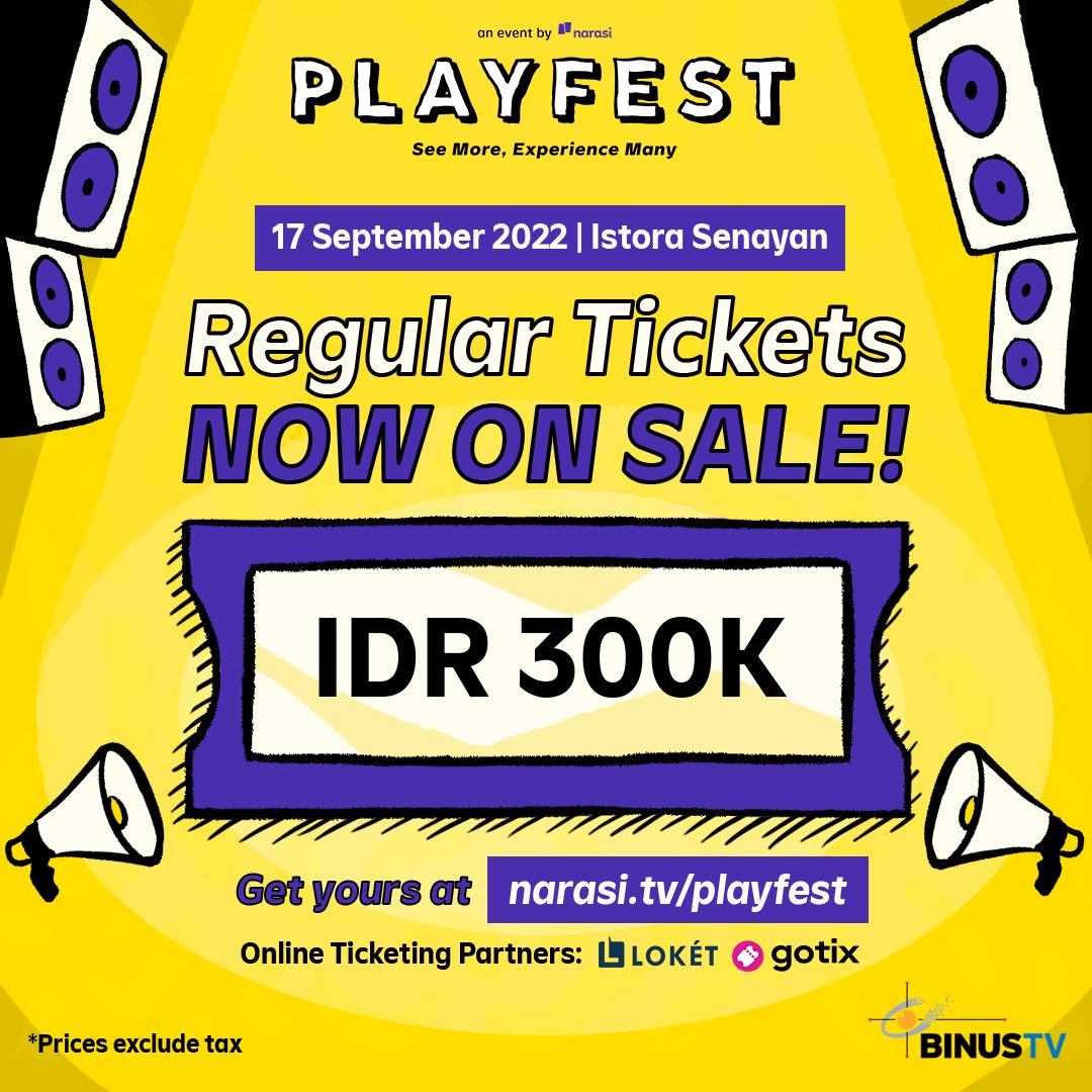BinusTV's tweet image. Here’s our second phase line up! &amp;amp; Regular Tickets are NOW ON SALE!!! 📣✨

17 September 2022 di Istora Senayan. Save your spot now at narasi.tv/playfest.

Kamu juga bisa beli tiketnya di @loketcom dan @gotix.id, ya! 🤩 | Playfest

#Playfest2022 #ReactivateYourSense