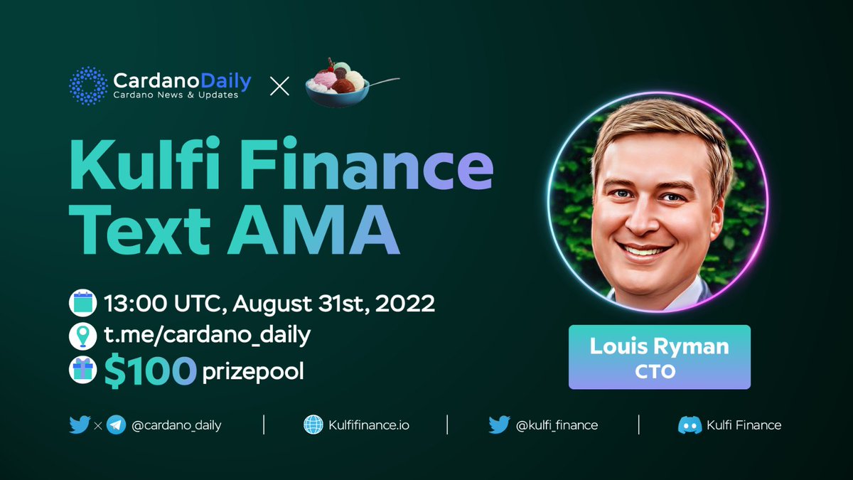cardano_5pc's tweet photo. We're excited to announce that we'll be hosting an AMA with @kulfi_finance

❓AMA type: Telegram Text

🗓️Date: August 31st at 1PM UTC

📍Venue: https://t.co/uUkeQcNUwD

💰Prize Pool: $200

👉How to win prizes?
1️⃣ Join Kulfi Finance's socials
2️⃣ Ask question in the AMA! https://t.co/YjyF2DEWY7