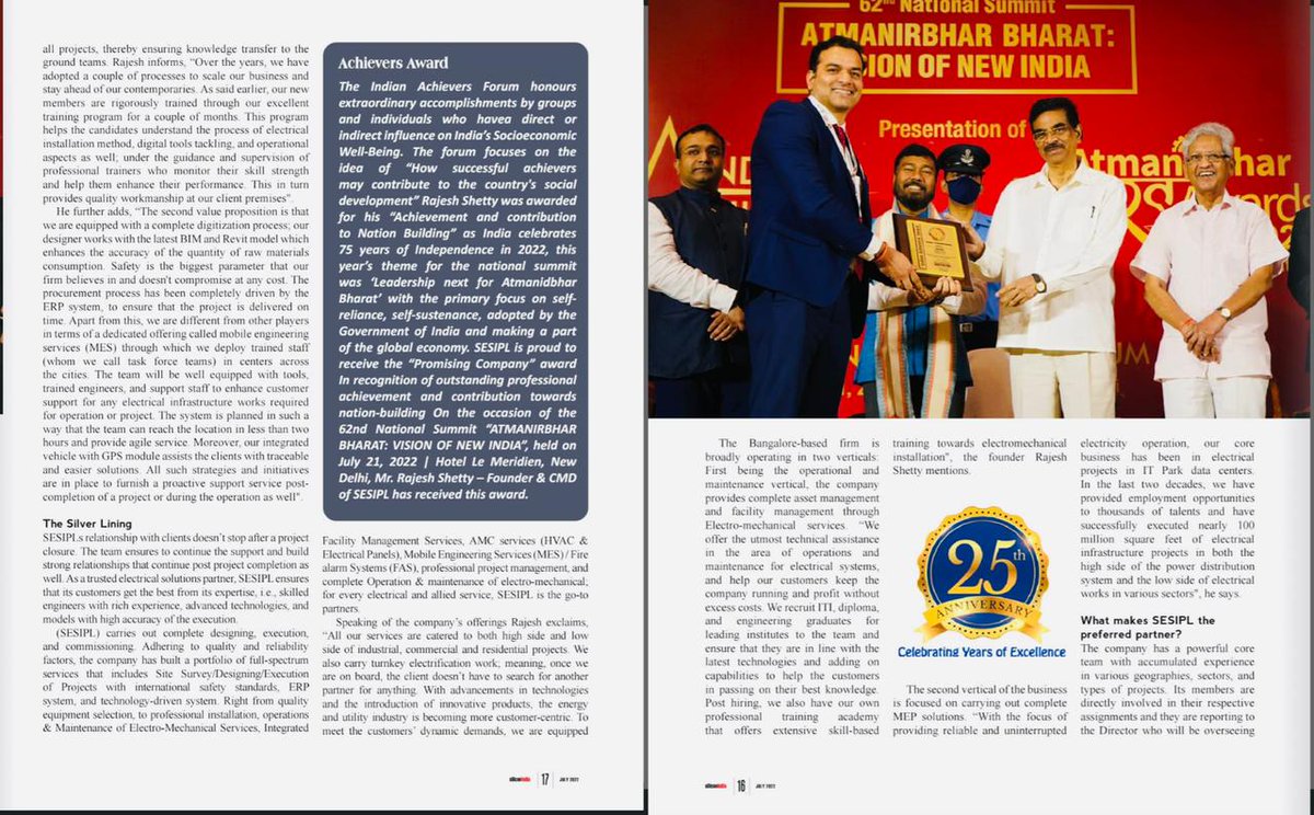 SESIPL's tweet photo. We’re extremely delighted to share that our founder &amp; CMD Shri Rajesh Shetty has been featured on the cover page of “ SILICON INDIA” July 2022 Edition. Our CMD talks about his journey in the last 24 years, has set an incredible benchmark in the service sector industry.
(1/) https://t.co/9rCHJoWfG9