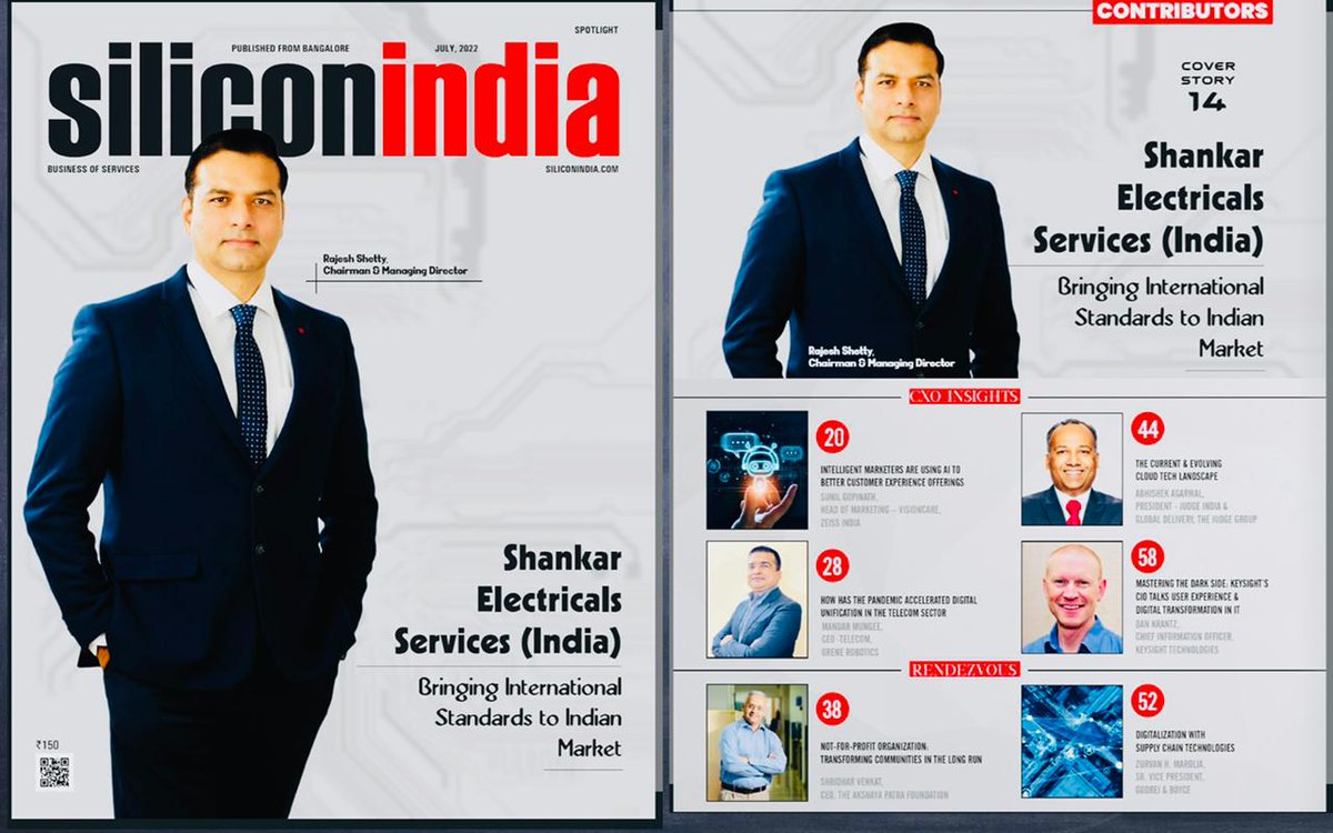 SESIPL's tweet photo. We’re extremely delighted to share that our founder &amp; CMD Shri Rajesh Shetty has been featured on the cover page of “ SILICON INDIA” July 2022 Edition. Our CMD talks about his journey in the last 24 years, has set an incredible benchmark in the service sector industry.
(1/) https://t.co/9rCHJoWfG9