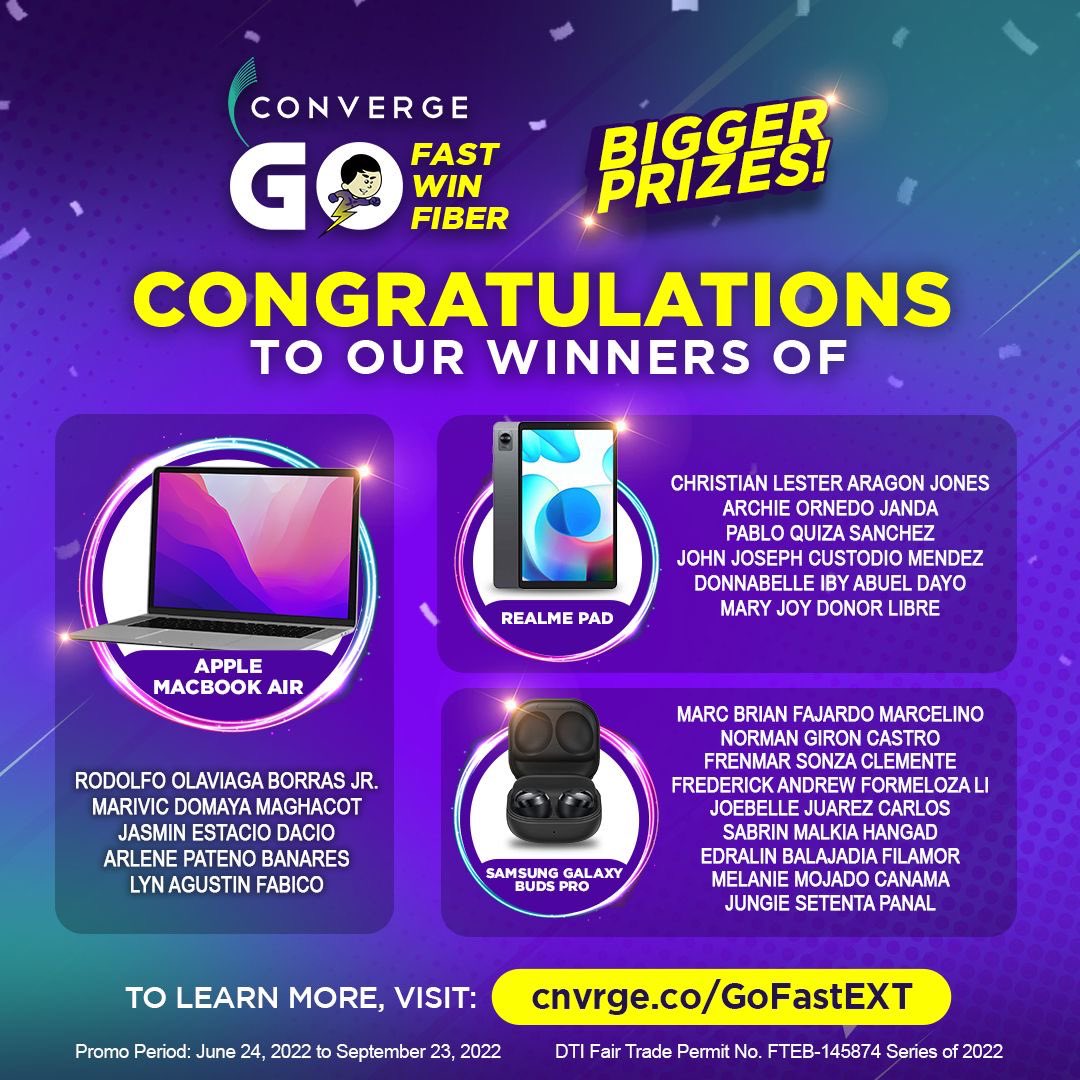 ExperienceCNVRG's tweet photo. Congratulations to the lucky winners of the second monthly draw of our #GoFastGoWinGoFiber promo! Mag-apply ka lang, may chance ka pang manalo ng exciting prizes!
See full mechanics at: https://t.co/3B2hwOhBDM.
DTI Fair Trade Permit No. FTEB-145874 Series of 2022 https://t.co/n88bb26CdP
