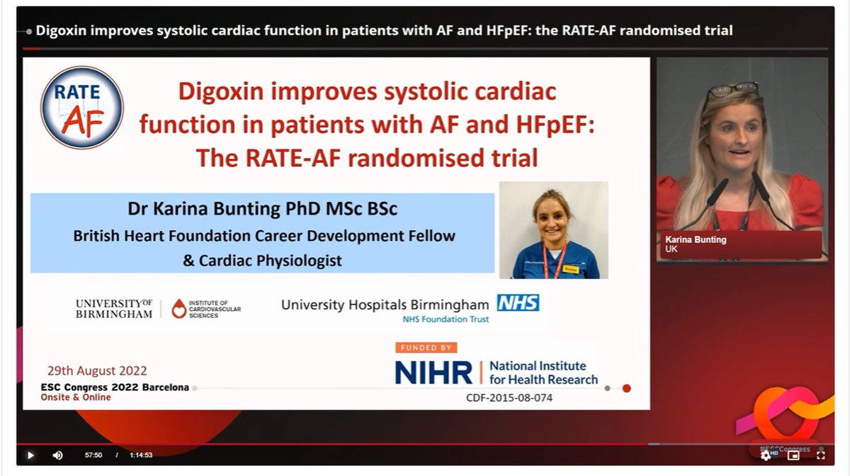 Thrilled to present our RATE-AF trial work yesterday at #esccongress2022  on looking at how digoxin vs beta-blockers affect ventricular function in AF patients with HF. Also felt very humbled to be on the stage with such leading experts in HFpEF. Available on ESC 365 :)