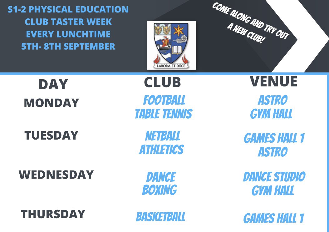 #NAParticipation💛🖤 @NAActiveSchools 🏀S1-2 Sports Club Taster Week🏓⚽️ Come down to @LargsAcadPEdept all of next week at lunchtime and give a new club a try! @LargsAcademy @LargsS1 @LargsParent