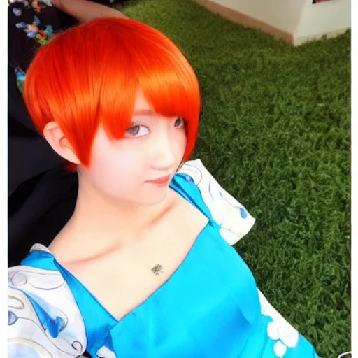 コトブキちゃん召喚チャレンジ'a beautiful girl with vivid orange short hair, wearing blue ao dai in kawaii anime style.'噂に聞いたとおり難しい なかなかコツがつかめない 
