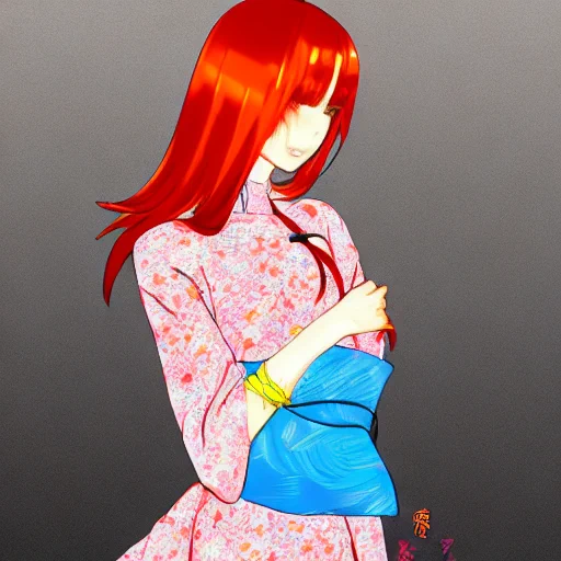 コトブキちゃん召喚チャレンジ'a beautiful girl with vivid orange short hair, wearing blue ao dai in kawaii anime style.'噂に聞いたとおり難しい なかなかコツがつかめない 