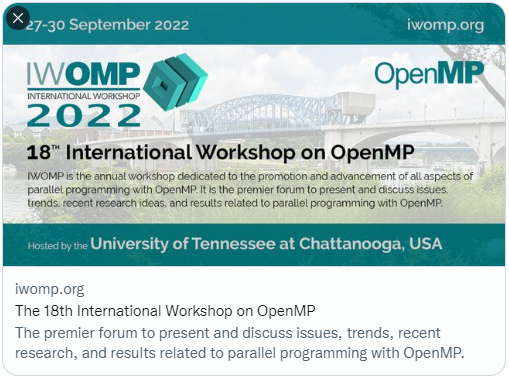 OpenMP ARB (@openmp_arb) on Twitter photo Interested in a conference packed with #OpenMP tutorials and R&D papers? Come to #IWOMP 2022, which will be hosted this year on Sept 27-30 by <a href="/UTChattanooga/">The University of Tennessee at Chattanooga</a>.
More details at:
iwomp.org
You can register at:
eventbrite.com/e/eurompiusa-i…
@sunitachandra29 <a href="/simonmcs/">Simon McIntosh-Smith</a> #HPC Interested in a conference packed with #OpenMP tutorials and R&D papers? Come to #IWOMP 2022, which will be hosted this year on Sept 27-30 by <a href="/UTChattanooga/">The University of Tennessee at Chattanooga</a>.
More details at:
iwomp.org
You can register at:
eventbrite.com/e/eurompiusa-i…
@sunitachandra29 <a href="/simonmcs/">Simon McIntosh-Smith</a> #HPC