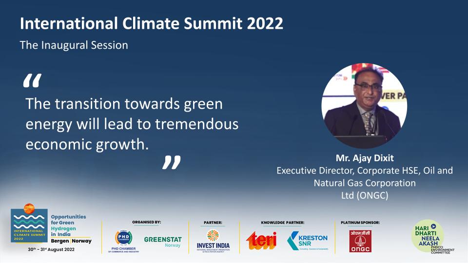 Mr. Ajay Dixit, Executive Director, Corporate HSE, <a href="/ONGC_/">Oil and Natural Gas Corporation Limited (ONGC)</a> is speaking in the Inaugural Session at the International Climate Summit 2022. 

#GreenPlanet #ClimateChange #SaveOurPlanet #NoPlanetTwo #India #Norway #Summit