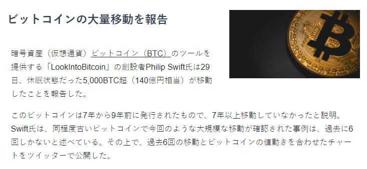 休眠状態だったビットコイン、5,000BTCの移動を確認