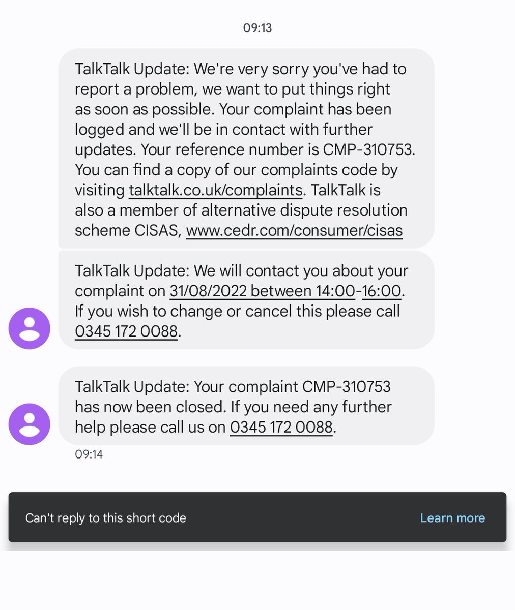 Bairnecessity's tweet photo. @TalkTalk Hi I've just received a text to say my complaint is being looked into, and will receive a call back tomorrow (31st) between 14:00 &amp; 16:00, then a second text to say my complaint is closed. Can you please confirm if I will still receive the call per the first message? https://t.co/J9qw9iagIT
