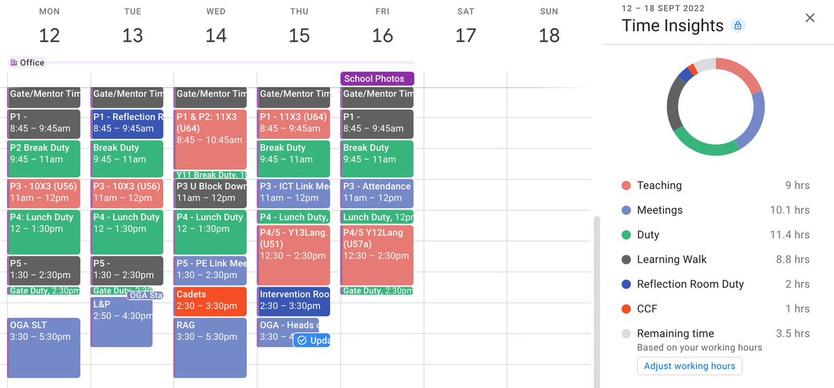 LeeWoods0722's tweet image. That&apos;s my timetable built into google and ready for the year ahead. I&apos;m interested to hear what other leaders do to manage their time @Headteacherchat  A few things I do to try and keep organised...1/8