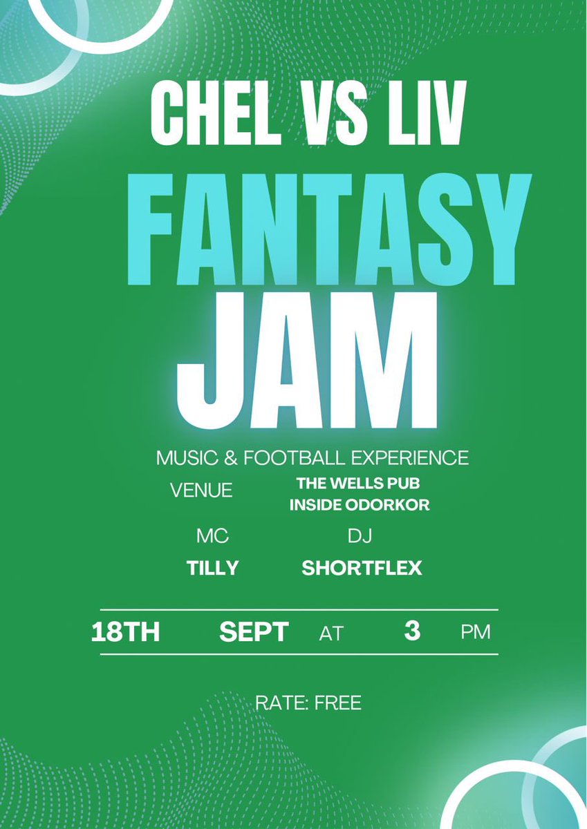 itsfusetv's tweet photo. Who gets the Bragging rights, Chelsea or Liverpool 
Join us at the Wells Pub inside ODORKOR - Gloryland for #oneplayPicks Fantasy Jam(Music and football experience) 
Date: Sunday, Sept 18
Venue: The Wells Pub inside ODORKOR - Gloryland 
Rate: Free
#CultureLivesHere https://t.co/8uCjx4GGE4