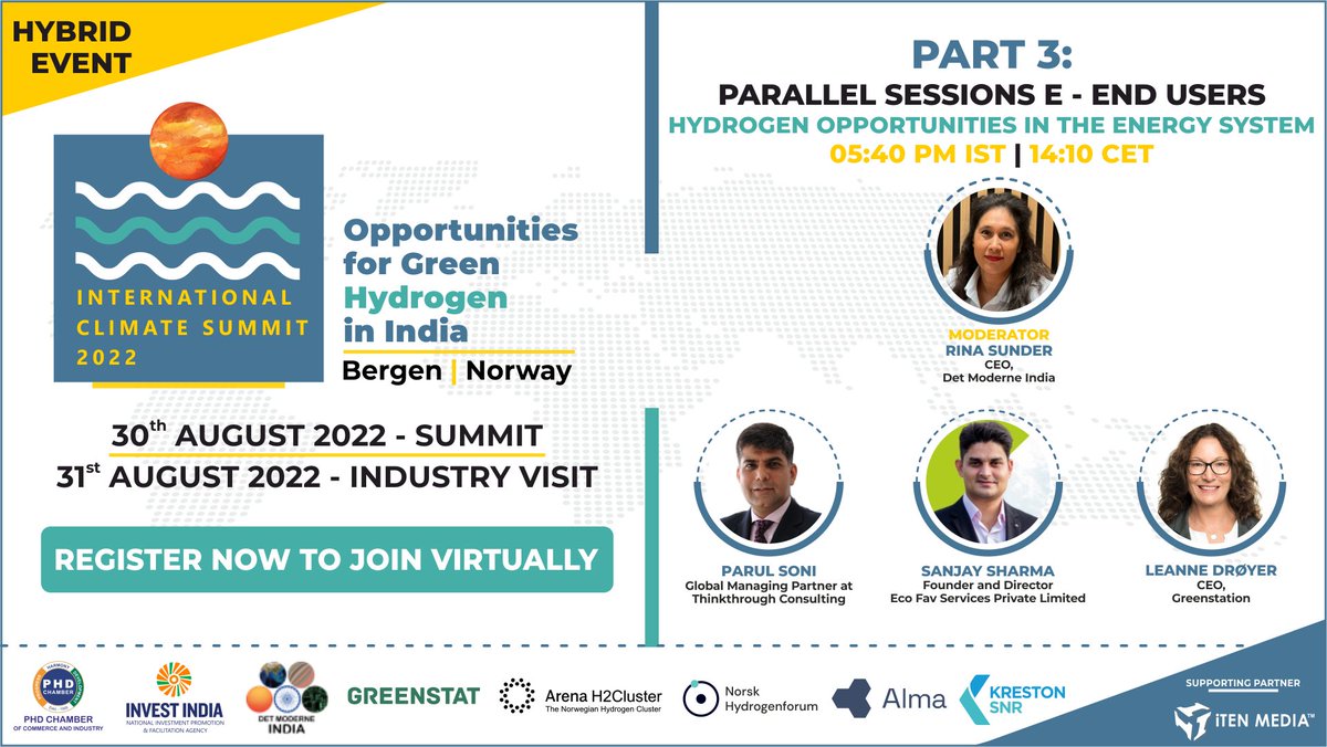 Parallel Session E: End Users - Hydrogen Opportunities In The Energy System, at the <a href="/icshydrogen/">International Climate Summit (ICS 2022)</a> 2022.

📌05.40 pm IST II 14.10 CET
📌Hybrid Event: bit.ly/3dl1STs
📌Bergen Norway | 30th- 31st August 2022

<a href="/DrJeewanPrakash/">Dr. J.P.Gupta</a> <a href="/Karenlandmark/">Karen Landmark</a> <a href="/phdchamber/">PHD Chamber</a> 
#GreenPlanet #Climate