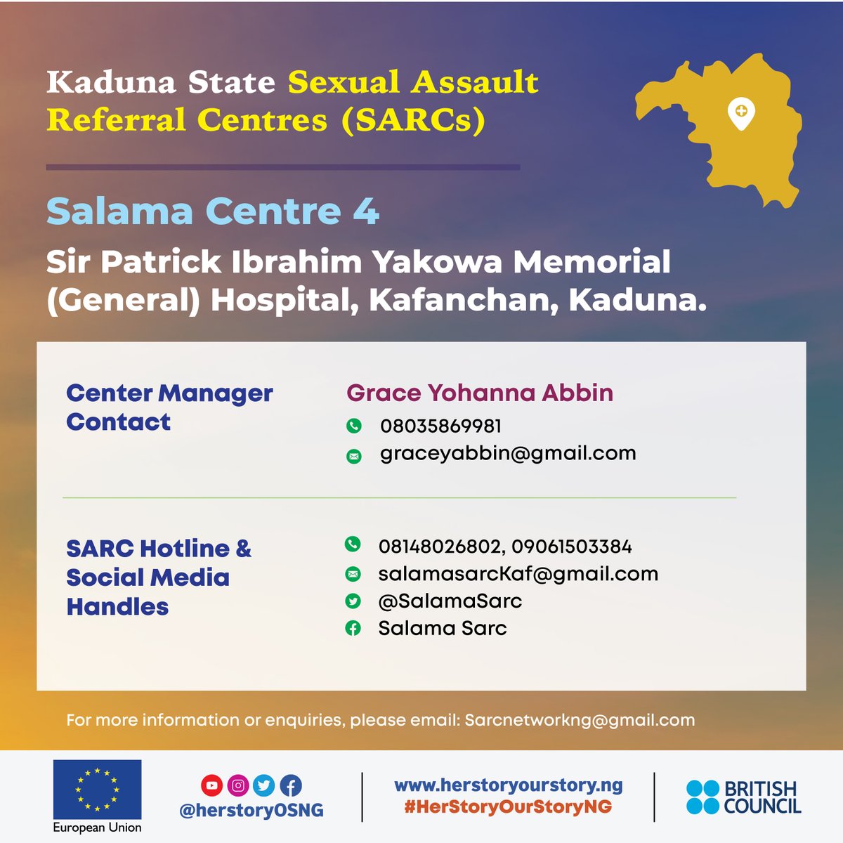 🪪 SARC Contact Card! 
Are you in Kaduna?

A Sexual Assault Referral Centre (SARC) may be closer to your location than you think, where any survivor can receive confidential medical, counselling and justice support services in a safe space.

#SARCs
#HerStoryOurStoryNG
