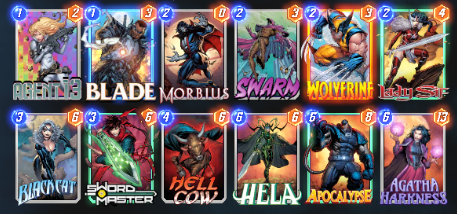 I never thought I'd be playing Agatha Harkness in this game but it turns out she's a real card and definitely strong.  This is my current favourite deck, although it does quite badly need a Moon Knight.