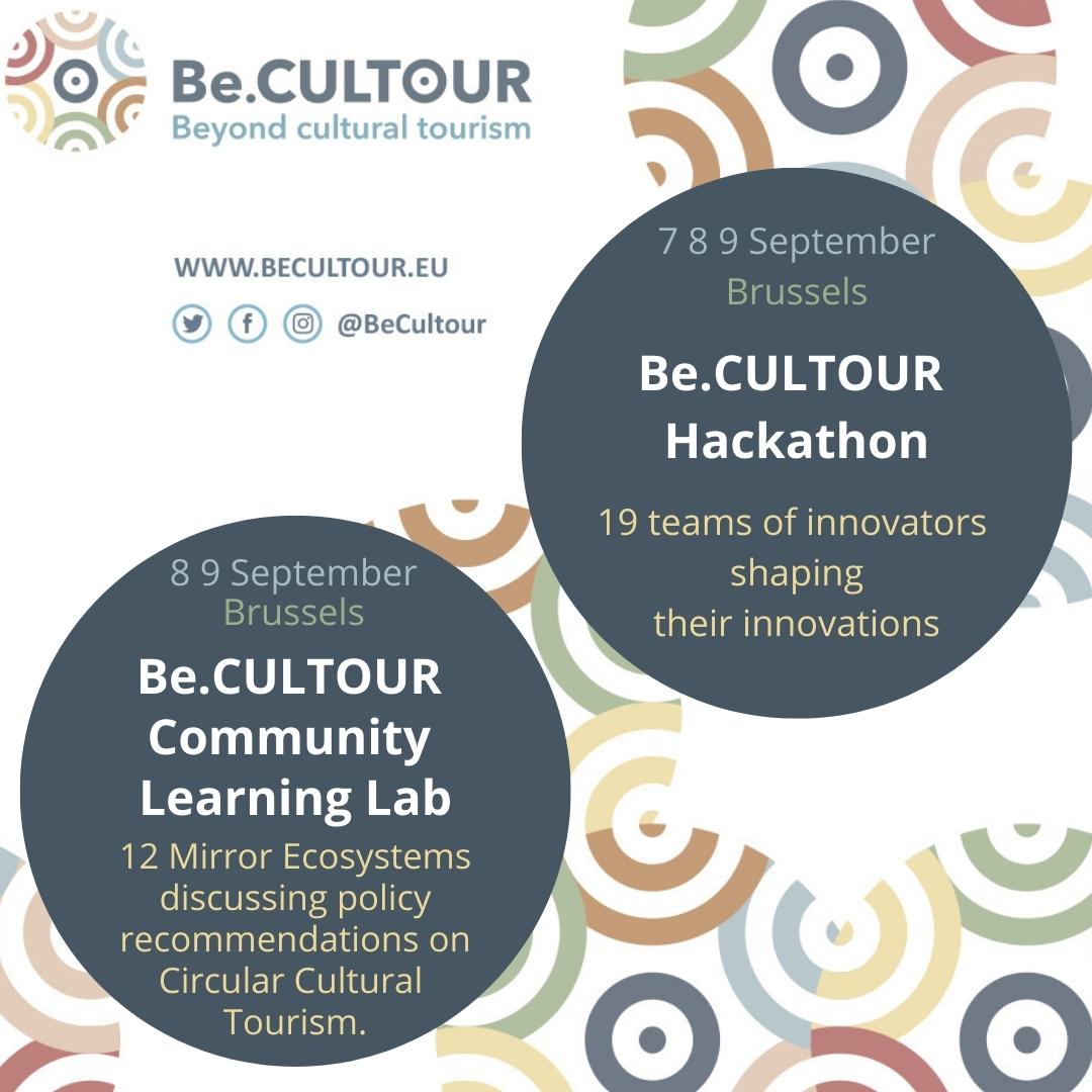 Next week 19 teams of innovators will join the Be.CULTOUR Hackathon, a unique opportunity to develop their ideas into innovative desirable and feasible projects. 
In the same days, 12 Mirror Ecosystems will discuss policy recommendations on Circular Cultural Tourism
Stay tuned!💥