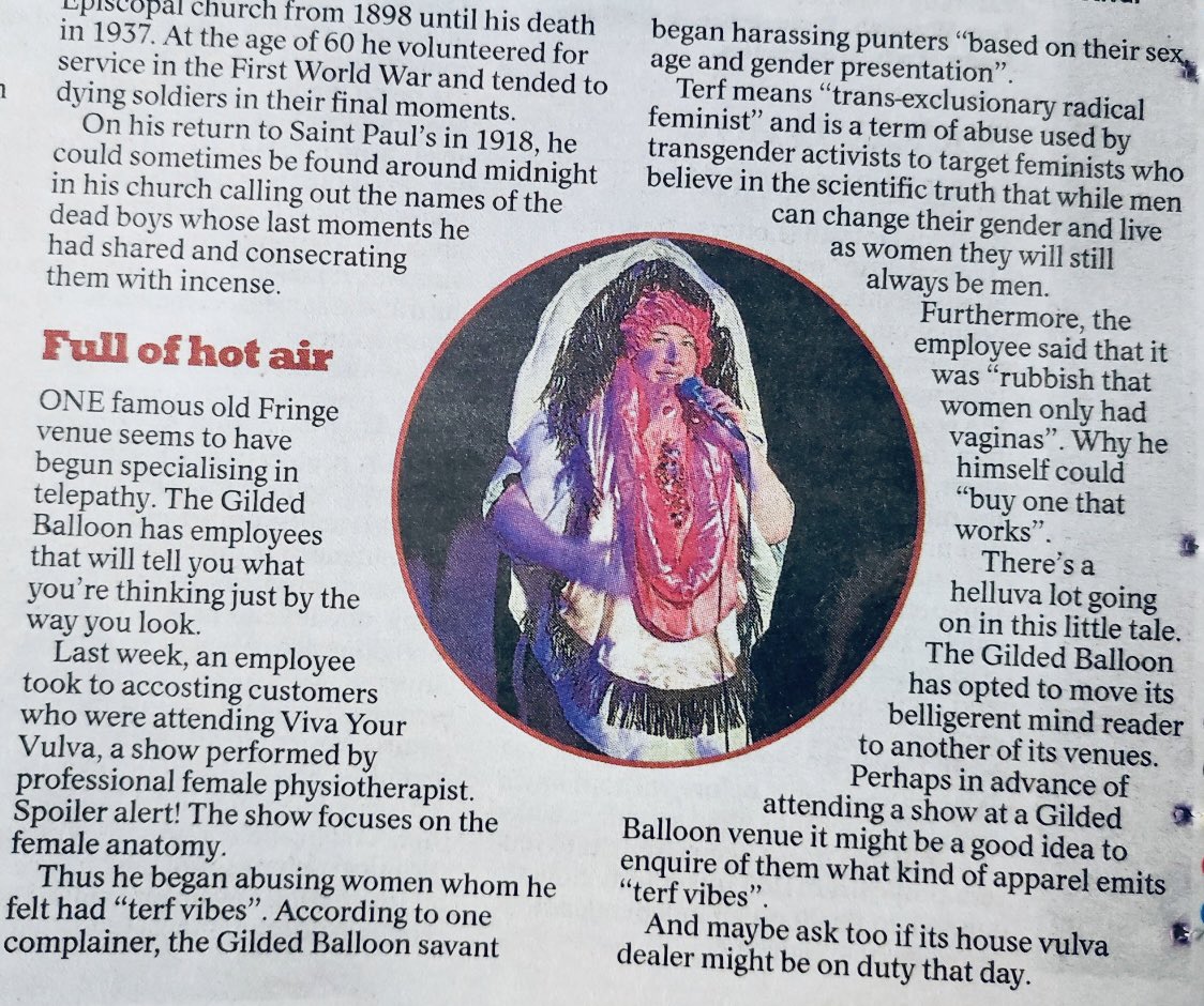 ‘The Gilded Balloon..opted to move its belligerent mind reader to another of its venues. Perhaps in advance of attending a show..it might be a good idea to enquire of them what kind of apparel emits "terf vibes" &amp; maybe ask..if its house vulva dealer might be on duty that day’ 🤣