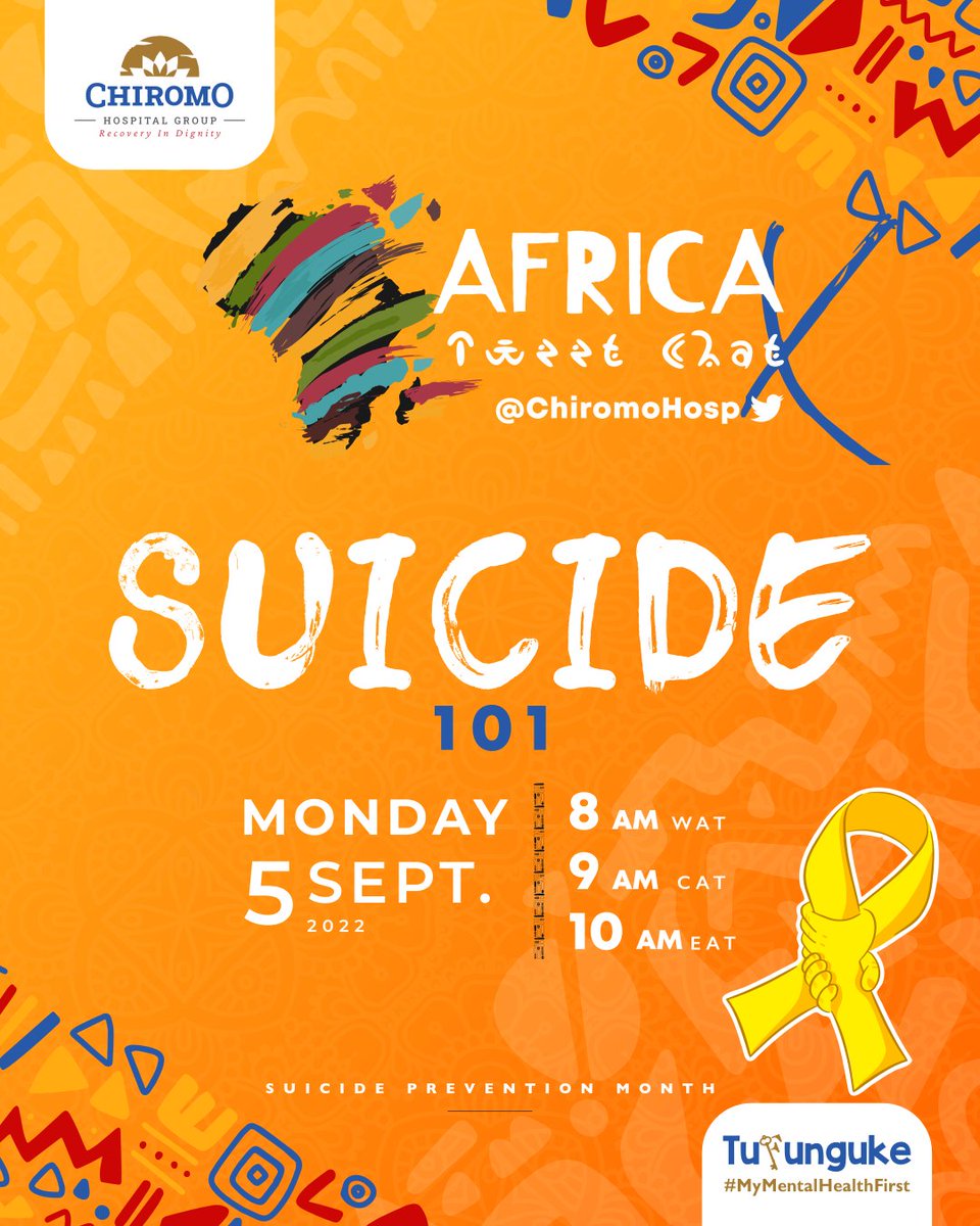 Africa Tweet Chat X Alert!

Bigger &amp; Better!

Join us for our very special 10th edition on the 5th of September dubbed ‘SUICIDE 101’ as we honour the Suicide Prevention &amp; Awareness Month by 'Creating Hope Through Action'

Be part of the Afro - Bandwagon...

#Tufunguke
#suicide