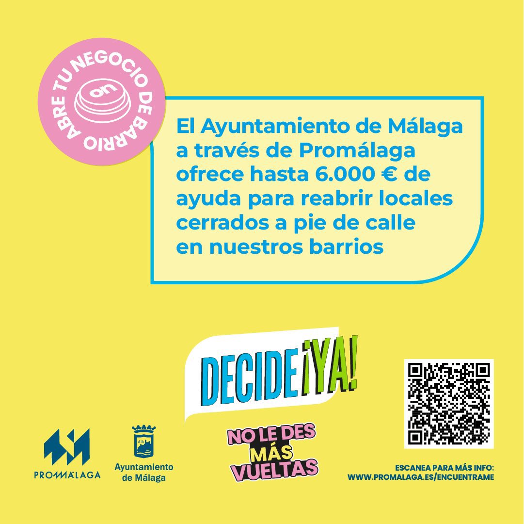 ArrabalAID's tweet photo. #Subvención de hasta 6.000€ con el programa 'Encuéntrame en el #barrio', dirigido a personas que quieran poner en marcha un comercio en un local de planta baja y en el término municipal de Málaga. Info y tramitación en https://t.co/ijF3edFVN9 https://t.co/SNcKpCT6j8