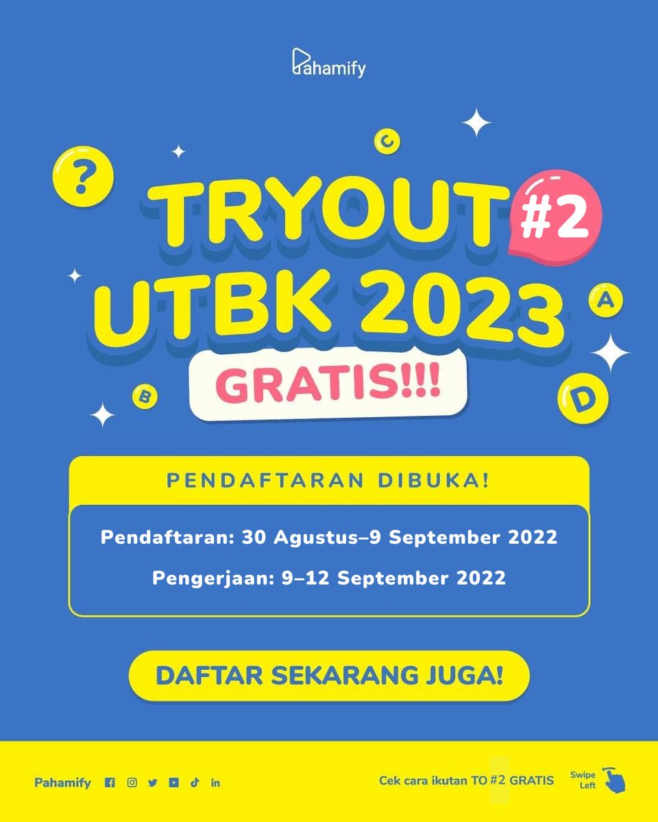 🥇TRYOUT UTBK 2023 #2 GRATIS DIBUKA!🥇

📆 Pendaftaran TO #2 GRATIS 30 Agustus–9 September 2022 📆
📝 Pengerjaan TO #2 dibuka 9–12 September 2022 📝
 
Daftar GRATIS melalui aplikasi Pahamify atau web tryout.pahamify.com

Simak thread ini untuk ikutan🔥
#TenangAjaAdaPahamify