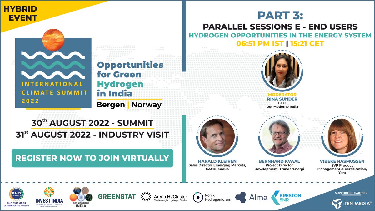 Parallel Session E: End Users - Hydrogen Opportunities In The Energy System, at the <a href="/icshydrogen/">International Climate Summit (ICS 2022)</a> 2022.

📌 06.51 pm IST II 15.21 CET
📌Hybrid Event: bit.ly/3dl1STs
📌Bergen Norway | 30th-31st August 2022

<a href="/DrJeewanPrakash/">Dr. J.P.Gupta</a> <a href="/Karenlandmark/">Karen Landmark</a> <a href="/phdchamber/">PHD Chamber</a>  #GreenPlanet #Climate