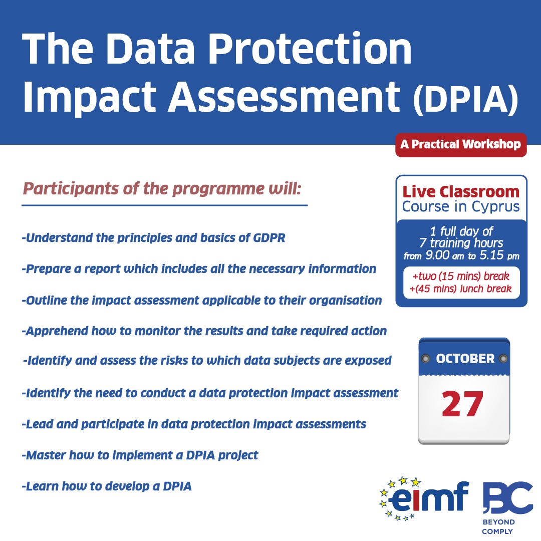 BeyondComply_'s tweet photo. We are thrilled to be delivering in collaboration with European Institute of Management and Finance - EIMF the Data Protection Impact Assessment course.

To know more about this course, Visit:

https://t.co/9HTMupve9n https://t.co/IZkoyiAaxq