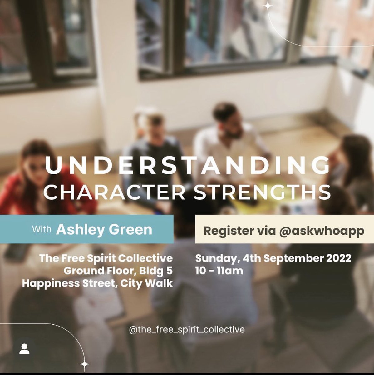Excited about this collab with <a href="/askwhoapp/">ASKWHO</a> and The Free Spirit Collective 🕊 

In Dubai? Join us!

Register via the app 🙏🏻

#wellbeingdxb #beingwelldubai #characterstrengths #wellbeingcoach