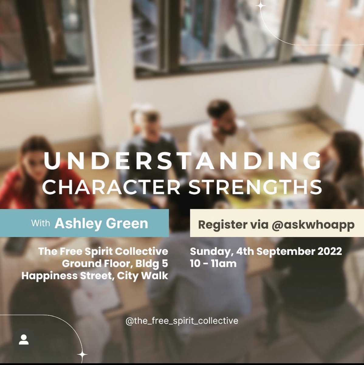 Excited about this collab with @askwhoapp and The Free Spirit Collective 🕊 In Dubai? Join us! Register via the app 🙏🏻 #wellbeingdxb #beingwelldubai #characterstrengths #wellbeingcoach