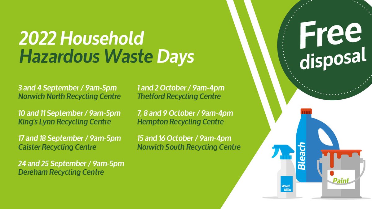 Norfolk Recycles (@norfolkrecycles) on Twitter photo Hazardous Waste Events for 2022 start this weekend at our Norwich North Recycling Centre. 
To find out more and other venues visit our website 
norfolkrecycles.com/news-events/ Hazardous Waste Events for 2022 start this weekend at our Norwich North Recycling Centre. 
To find out more and other venues visit our website 
norfolkrecycles.com/news-events/