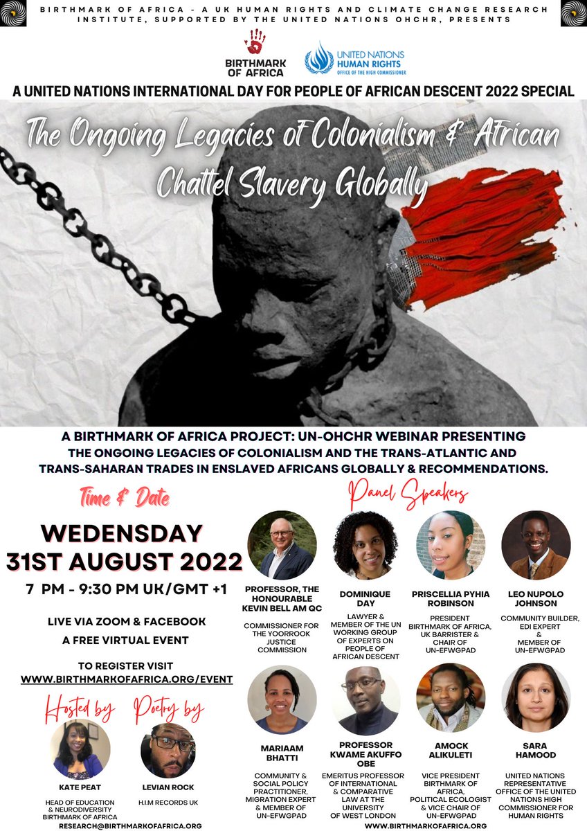 Birthmark of Afica in partnership with the United Nations OHCHR presents the Ongoing Legacies of Colonialism &amp; African Chattel Slavery* At this event recommendations to address these legacies will be presented to the UN-OHCHR and these legacies discussed. Wed 31st Aug 7pm GMT +1