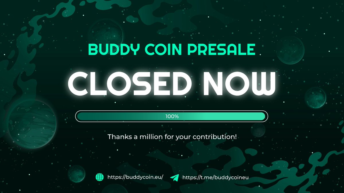 WhalePadAnn's tweet photo. 🎆 BUDDY COIN PRESALE HAS COME TO THE END, 🥳CONGRATULATIONS EVERYONE!!!

🙌🙏🎊 Many thanks for enthusiastically joining! 

💪 Keep following WhalePad for more fantastic projects! 🤩🤗🗃️ 

#Launchpad #Presale #BSC #drivencommunitytoken $BDC #holders #BURN https://t.co/eIPWq8VL2e