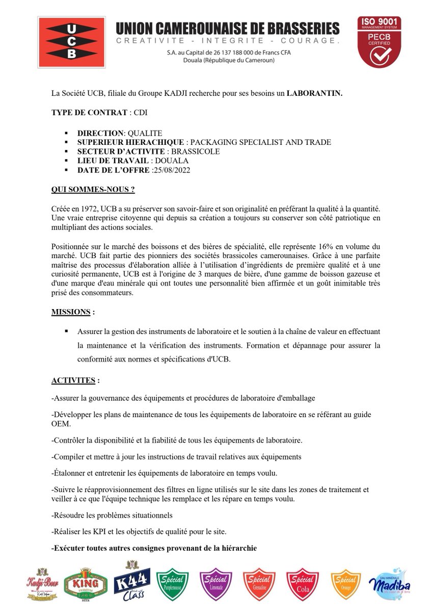 groupekadji's tweet image. UCB - Offre d&apos;emploi : LABORANTIN (H/F)
Pour postuler : recrutement@sa-ucb.com
Date limite de recevabilité des candidatures : 02/09/2022
Préciser le poste en objet.
 #UCB #KADJIGROUP #laboratoire #recrutements