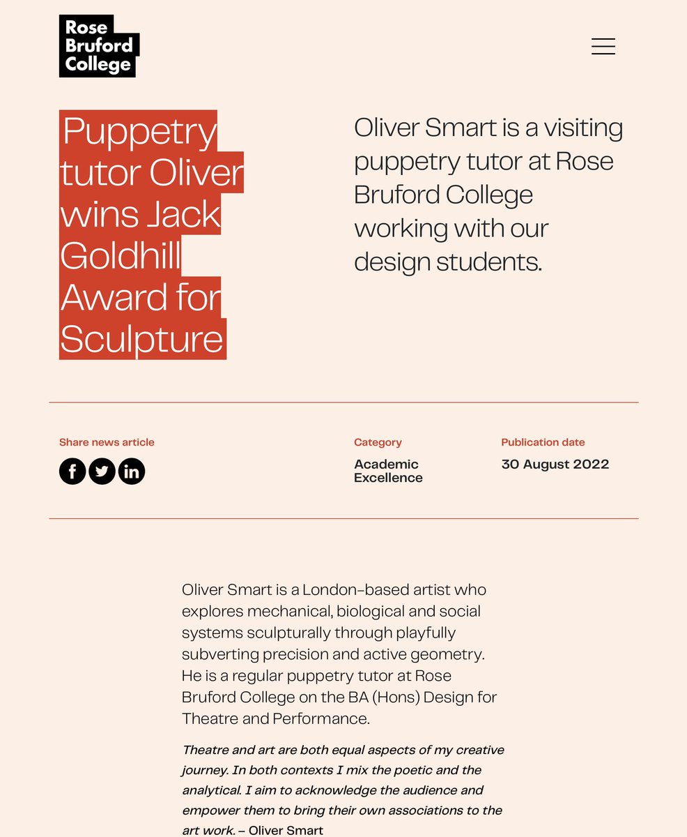 Puppetry tutor Oliver wins Jack Goldhill Award for Sculpture bruford.ac.uk/puppetry-tutor…
Thanks for a wonderful article <a href="/rosebruford/">Rose Bruford College</a> ☺️🌱