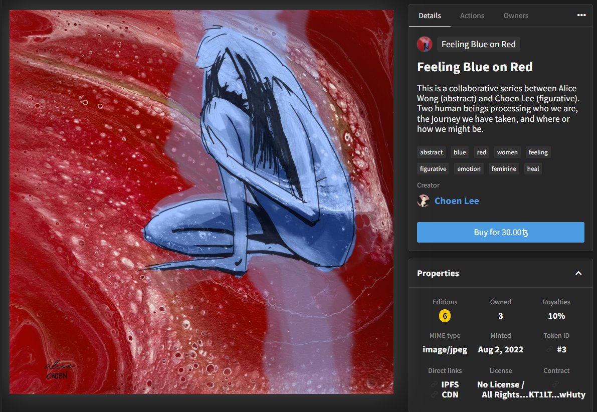 ahchoen's tweet photo. Feeling Blue on Red
is our collaboration, @The_Defrag and I.
Last editions left for #1, #2, #3. 
#4 is SOLD OUT! 

There will be one final artwork after this, #5>

#tezos 
https://t.co/6nukHlXLIE https://t.co/RlRf0XNIDA