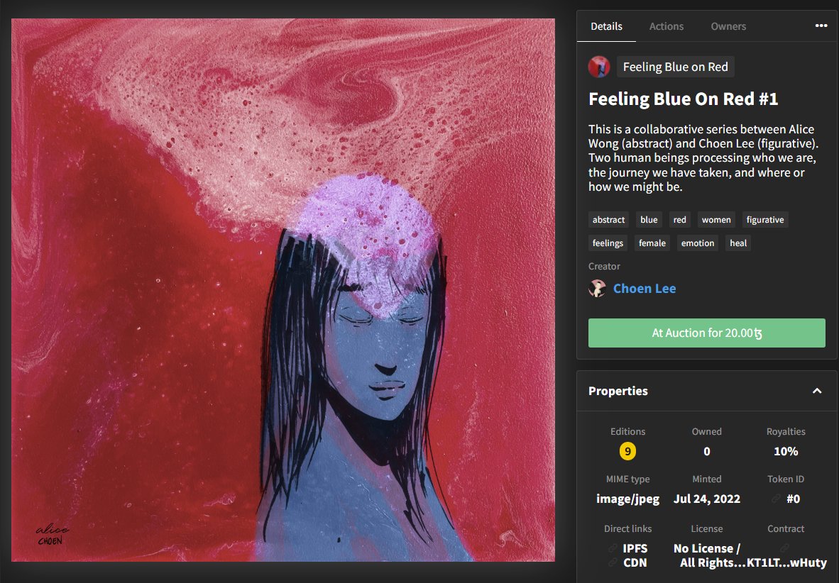ahchoen's tweet photo. Feeling Blue on Red
is our collaboration, @The_Defrag and I.
Last editions left for #1, #2, #3. 
#4 is SOLD OUT! 

There will be one final artwork after this, #5>

#tezos 
https://t.co/6nukHlXLIE https://t.co/RlRf0XNIDA