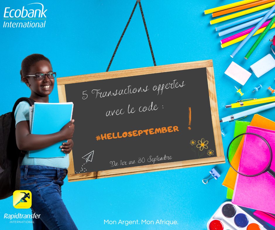Rapidtransfer_I's tweet photo. C'est la Rentrée ! 🎒
#Rapidtransfer vous accompagne et vous offre 5 transactions gratuites vers le continent grâce au code #HELLOSEPTEMBER !🌍
Valable du 1er au 30 septembre.
#ecobank #summer #travel #moneytransfer #Rapidtransfer #senegal #mali #africa #afrique https://t.co/wnLdWlhkyX