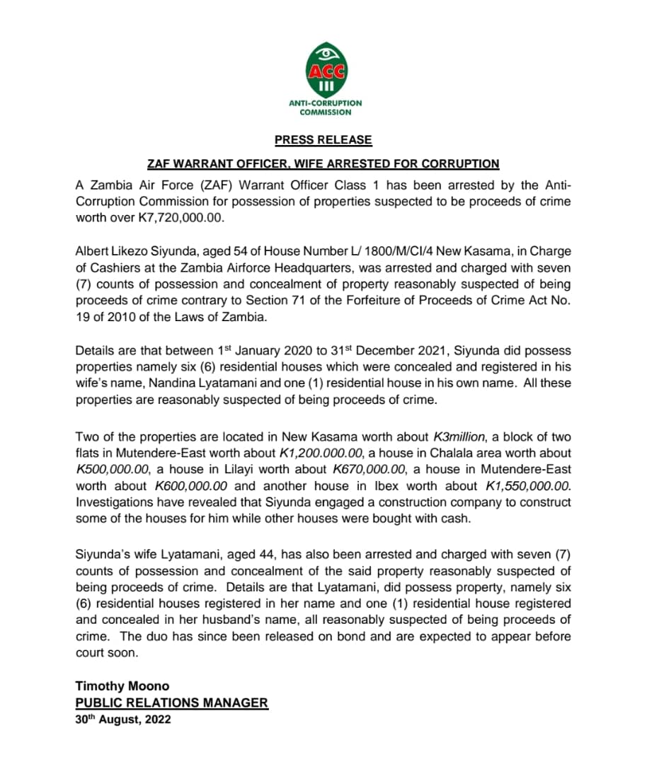 ACCZambia's tweet photo. The Commission has arrested a Zambia Air Force (ZAF) Officer and his wife for corruption, involving properties estimated to be worth over K7million, reasonably suspected to be proceeds of crime. https://t.co/rlxNFcbTaw
