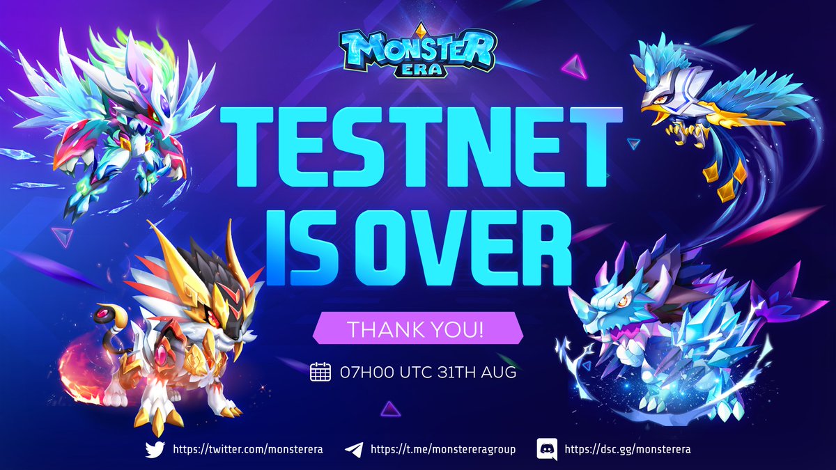 monsterera_io's tweet photo. ๐จ ๐ง TESTNET ENDS ANNOUNCEMENT ๐ง ๐จ
โฐ Time: 07h00 UTC August 31
๐ค The first Testnet version is about to end. Tell us which monsters do you like.
๐ Donโt miss the collaboration event between Monster Era and https://t.co/TndBgK12IC
#MonsterEra #HubGameFi https://t.co/d8pily6Vlm