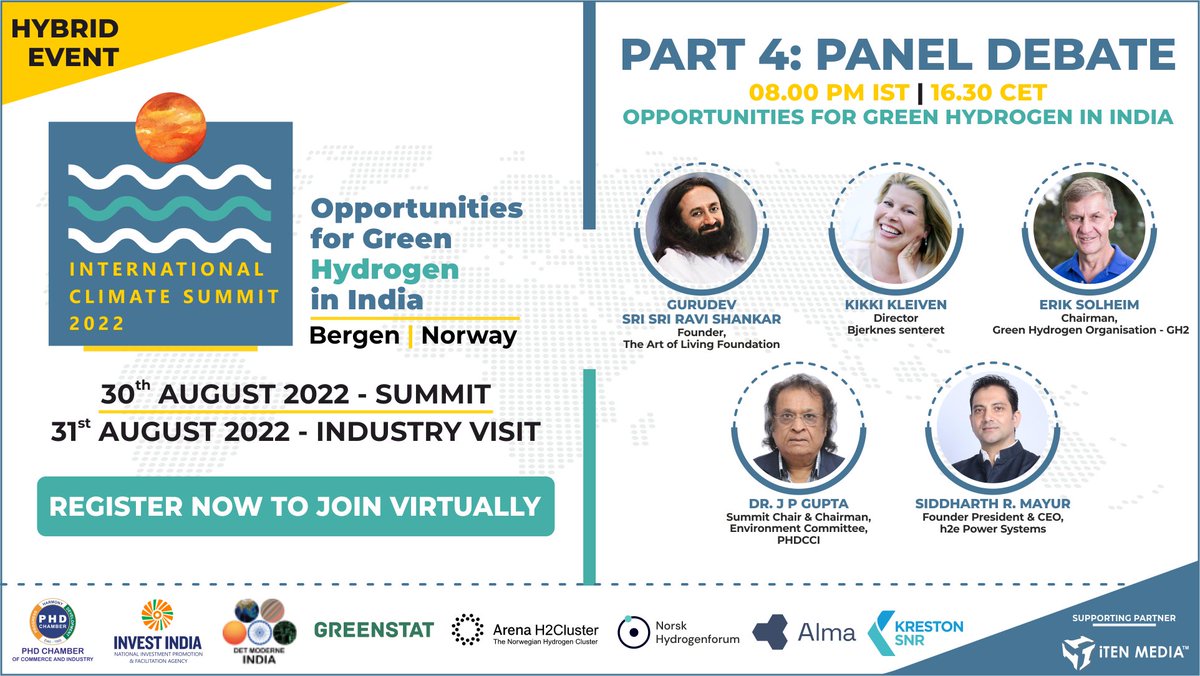 Part 4: Panel Debate- Opportunities For Green Hydrogen In India, at the <a href="/icshydrogen/">International Climate Summit (ICS 2022)</a> 2022.

📌08.00 pm IST II 16.30 CET
📌Hybrid Event: bit.ly/3dl1STs
📌Bergen Norway | 30th-31st August 2022

<a href="/DrJeewanPrakash/">Dr. J.P.Gupta</a> <a href="/Karenlandmark/">Karen Landmark</a> <a href="/phdchamber/">PHD Chamber</a> <a href="/SriSri/">Gurudev</a>
#GreenPlanet #ClimateChange