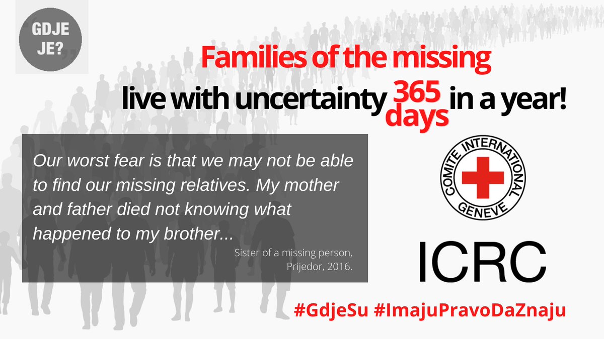 ICRC_BiH's tweet photo. More than 7.600 people are still missing from the war in Bosnia and Herzegovina. Their families have the right to know what happened to their loved ones!
#icrc #WhereAreThey? #IDoD https://t.co/3xMPoGkyXd