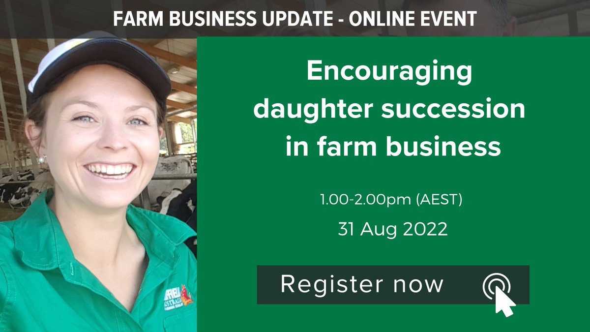 Join WA grower <a href="/katrinasasse/">Katrina Sasse</a> (<a href="/theGRDC/">GRDC</a>/<a href="/NuffieldAust/">Nuffield Australia</a> scholar) for an ONLINE Farm Business Update, 31 Aug, 1-2pm (AEST) 🌟Encouraging daughter succession in farm business🌟 Covers succession &amp; mentoring targeted at daughters + lots more. Register bit.ly/3pOHayj <a href="/ORMPtyLtd/">ORM Pty Ltd</a>