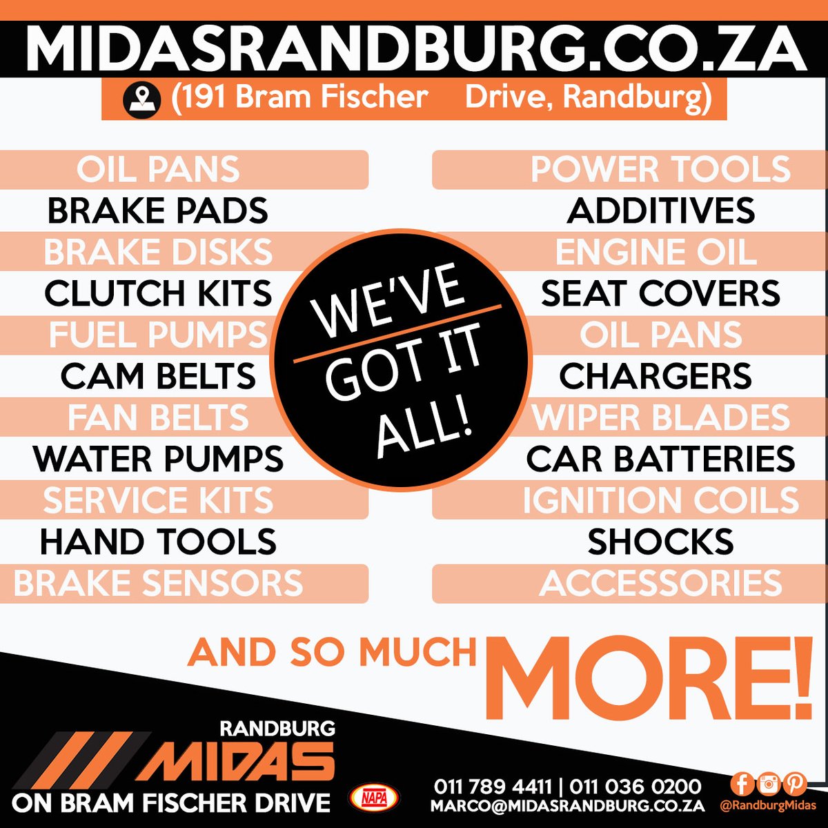 RandburgMidas's tweet photo. When we say that there is more at Midas, we mean it because we've got it all 🏆
#randburg #oilpan #brakepads #brakedisks #brakesensors #clutchkits #servicekits #cambelts #fanbelts #waterpumps #fuelpumps #handtools #powertools #engineadditives #engineoil #seatcovers #oilpans https://t.co/J5c07sdgkg