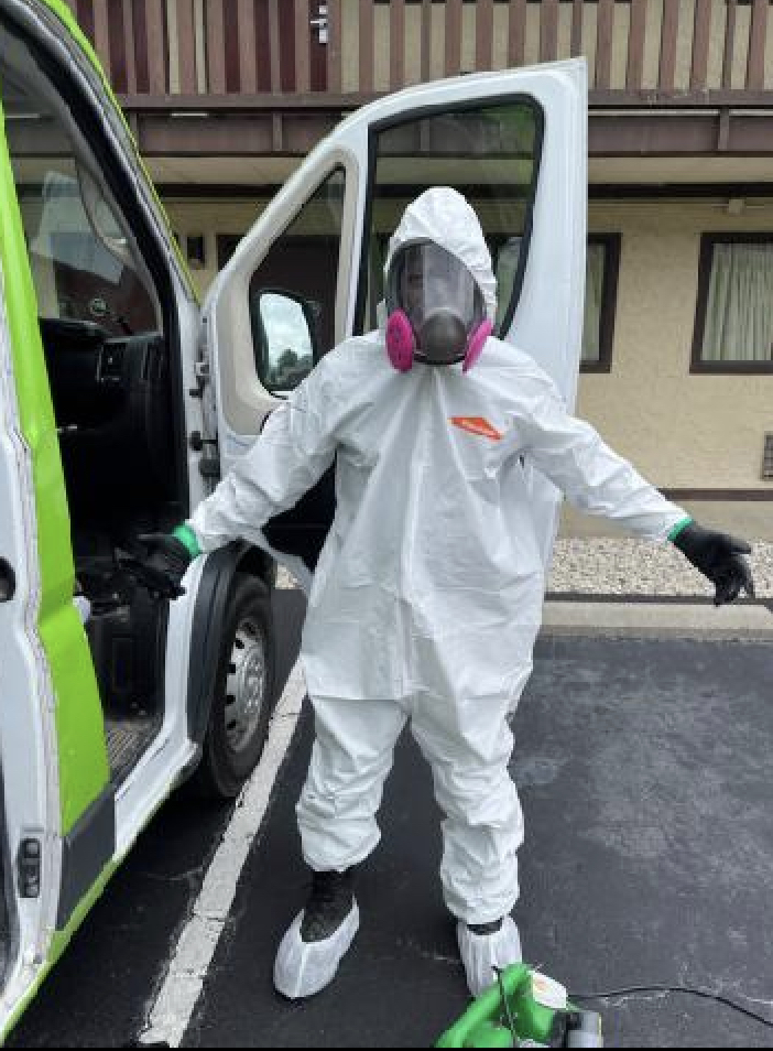 Mike is suited up and ready for a COVID cleaning at a local commercial property. Great job! 😄