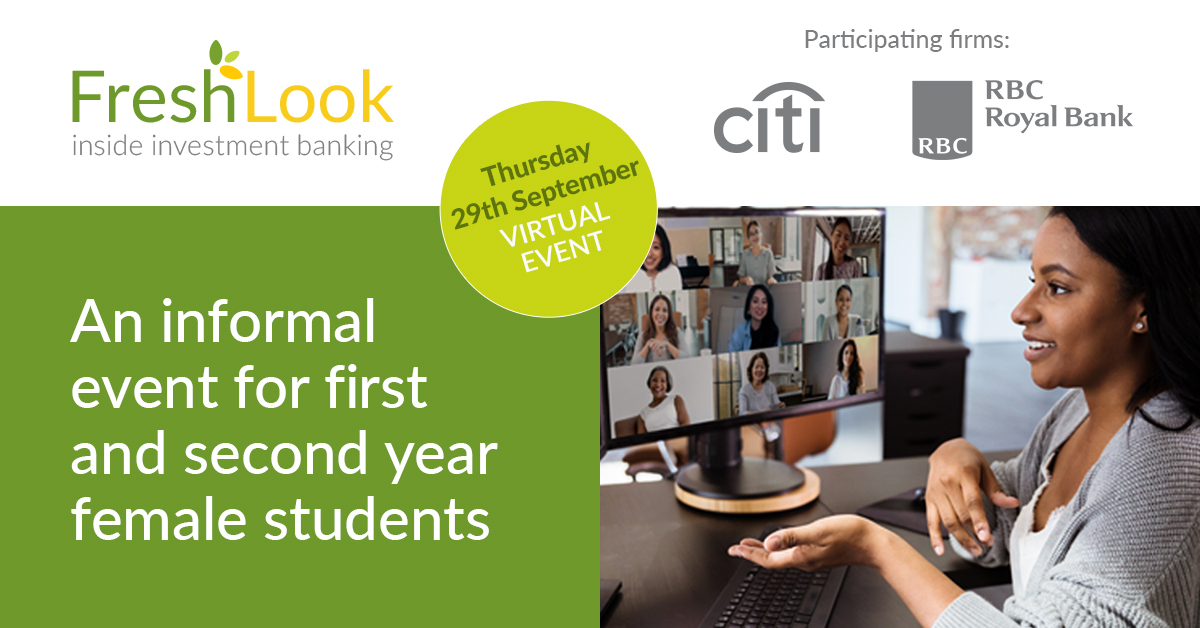 Looking to explore jobs in investment banking? Aimed at 1st and 2nd year female identifying students, <a href="/SLDiversity/">Diversity Solutions</a>'s FreshLook is on Thursday 29th September. An amazing online event, featuring titans of the industry <a href="/Citi/">Citi</a> and <a href="/RBC/">RBC</a>.

Register free TODAY at ow.ly/66Yb50Kvhzu
