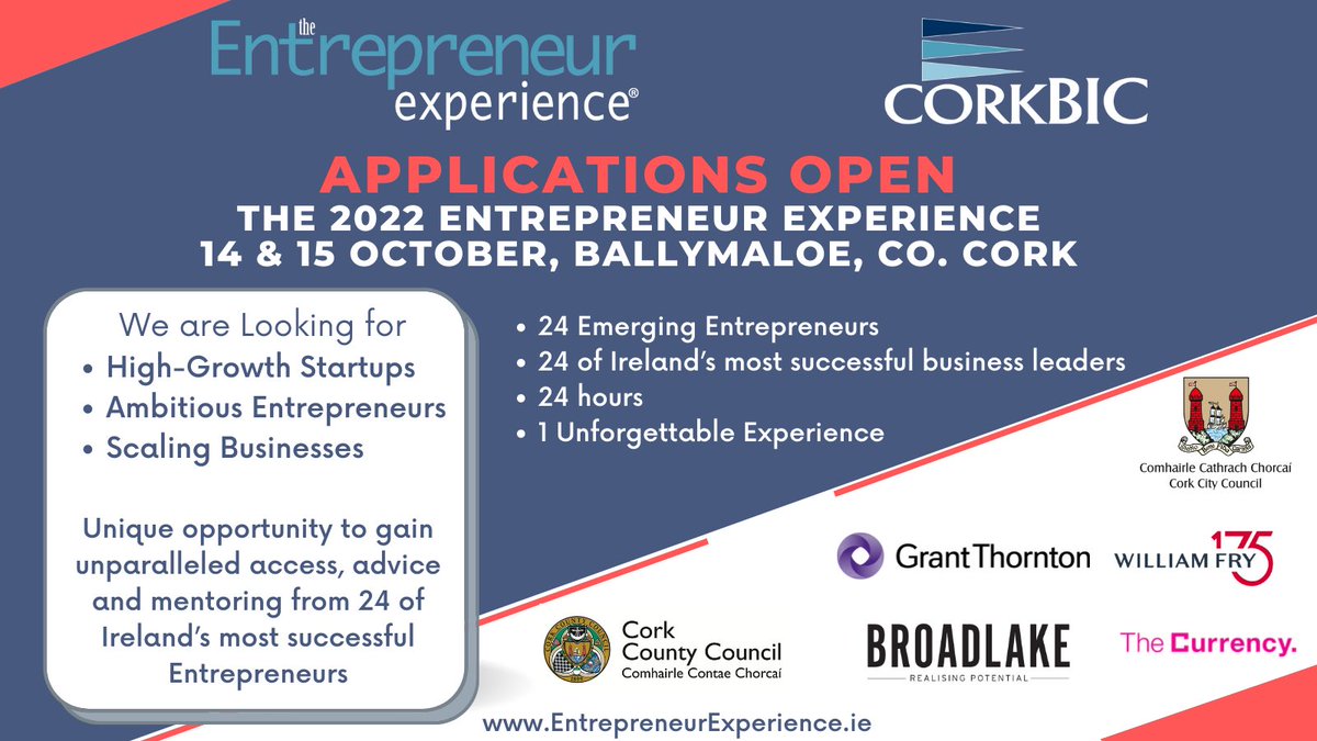 🪴 The Annual @CorkBIC Entrepreneur Experience is taking place on Friday 14th and Saturday 15th Oct 2022 in Ballymaloe, Co. Cork 🪴 Applications are open until 9th Sept. For more info: entrepreneurexperience.ie #MakingItHappen #leosouthcork