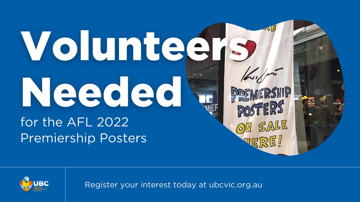 ubcvic's tweet photo. Volunteers needed for the sale of AFL 2022 Premier posters at the MCG!!
24th September between 3.00pm – 6pm.
Express you interest by emailing Head office at support@ubcvic.org.au or register online at https://t.co/JWRNlcw0OF https://t.co/KFtnR7zFm5