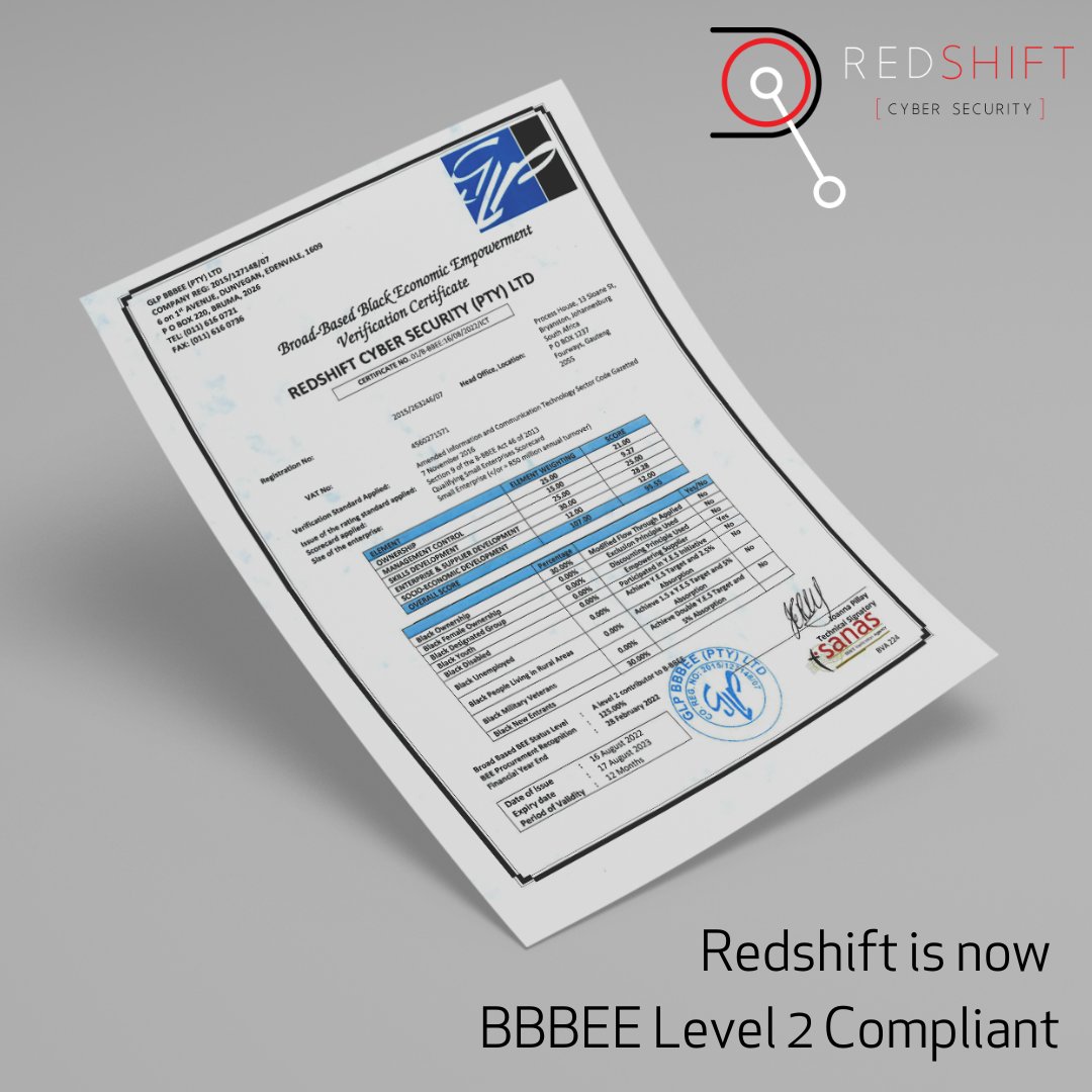 Redshift_Sec's tweet image. We are proud to announce that Redshift is officially BBBEE Level 2 Compliant. We constantly strive to create an inclusive workplace and value the diversity of our team members.